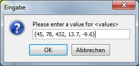 Eingabedialog, gefüllt mit einer Array-Initialisierung