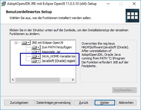 AdoptOpenJDK JRE Installer mit Registry-Schlüsseln
