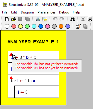 Analyser-Warnung als Tooltip über dem Dreieck
