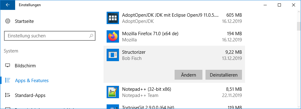 Structorizer-Eintrag in Apps & Features