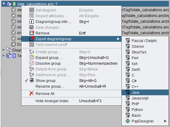 Gruppen-Export über das Kontextmenü des Arranger-Index