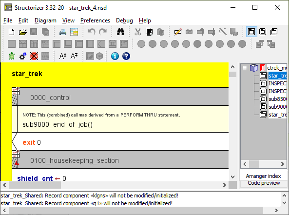 Importiertes COBOL-Diagramm mit eingeklappten Bezeichnungsmarkierungen