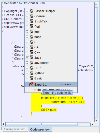 Popup-Menü in der Code-Vorschau