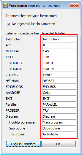 Elementnamen-Präferenzen nach Drücken von „English Standard