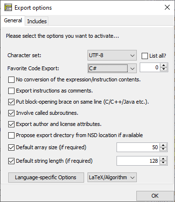 Dialog „Export options