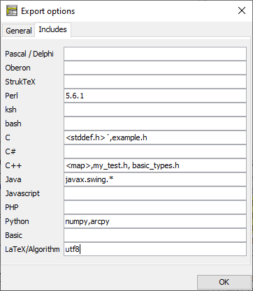 Dialog „Export options