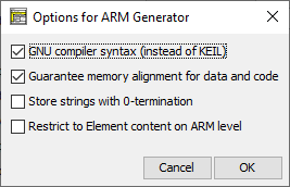 Sprachspezifische Exportoptionen für ARM