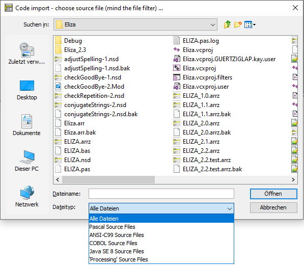 Auswahl des Import-Dateifilters im Dateiauswahl-Dialog