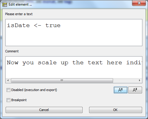 Elementeditor mit Schriftgrößen-Schaltflächen