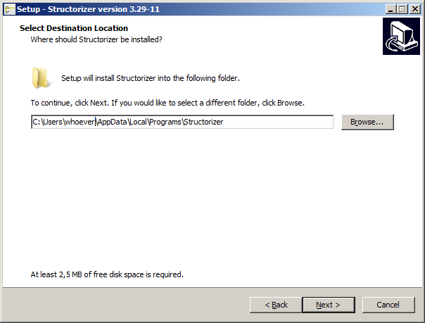 Windows-Installationsprogramm – Auswahl des Zielordners