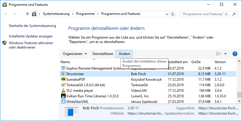Info-Fenster – Schaltfläche „Ändern