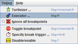 Debug-Menü mit ausgewähltem Executor-Eintrag
