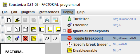 Debug-Menü mit aktiven elementbezogenen Einträgen