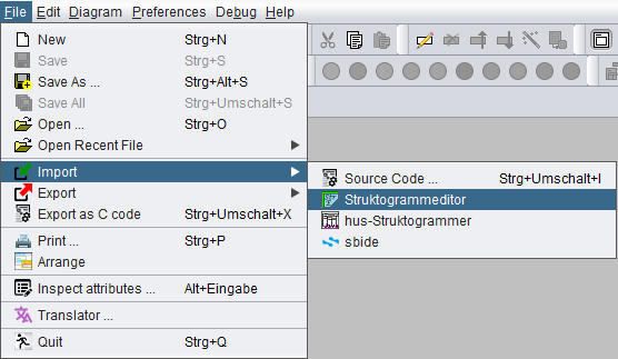 Datei-Menü mit Menüeinträgen für den Import fremder Diagrammdateien (einer ausgewählt)