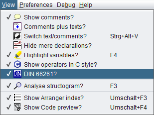 View-Menü mit aktiviertem Menüpunkt "DIN 66261?"