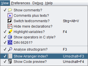 View-Menü mit aktiviertem Menüpunkt "Arranger-Index anzeigen?"