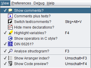 View-Menü mit aktiviertem Menüpunkt "Show comments?"