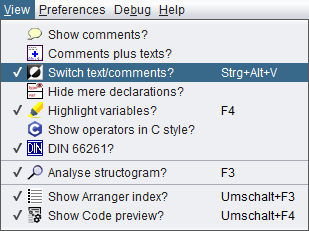View-Menü mit hervorgehobenem Menüpunkt "Switch text/comments"