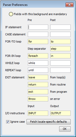 Dialog „Parser Preferences“ Version 3.29-07