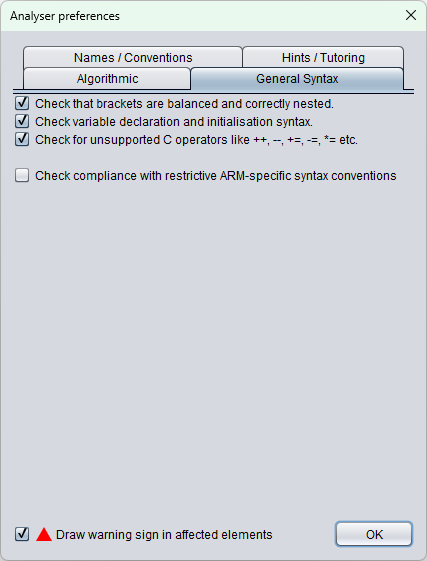 Analyser-Einstellungen Registerkarte 2 (allgemeine Syntax)
