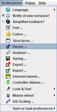 Menü „Preferences“ mit ausgewähltem Eintrag „Parser“