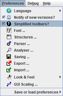 Preferences-Menü (Version 3.31-03) mit ausgewählter Option „Simplified toolbars?