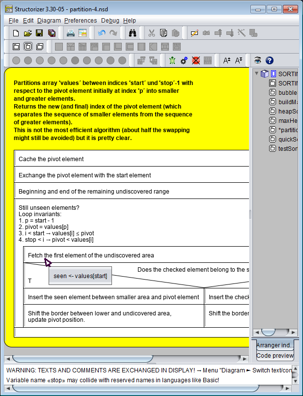 Code-Popup mit den Modi "Switch text/comments" und "Show comments?"