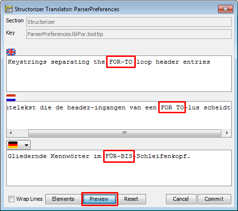 Translator-Zeileneditor (mit ersetzten Platzhaltern)