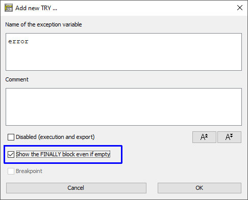 Element-Editor für einen TRY-Block (V 3.30-15)