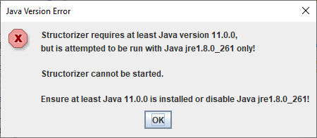 Java-Versionsfehler-Fenster (neu ab 3.32-13)