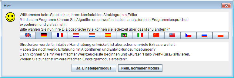 Ins Deutsche übersetzter Willkommensdialog